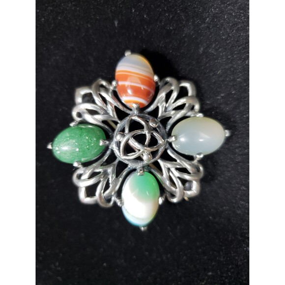 1960s Sterling Silver Celtic Cross Pin Brooch Agate Stones James Coull Scotland - Picture 1 of 10